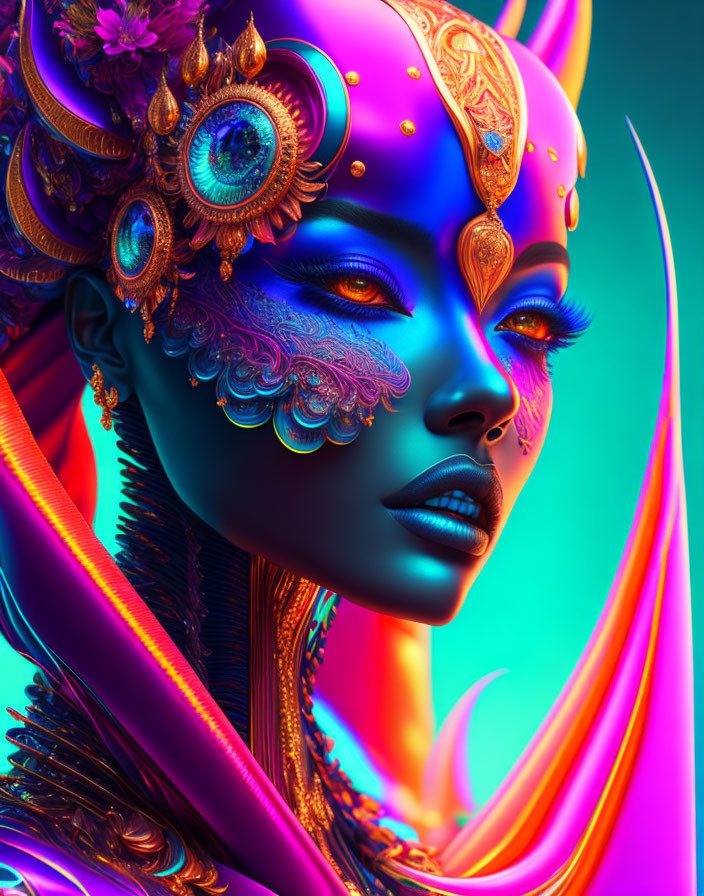 Colorful digital artwork of stylized female figure with golden headpiece and blue skin on luminous background