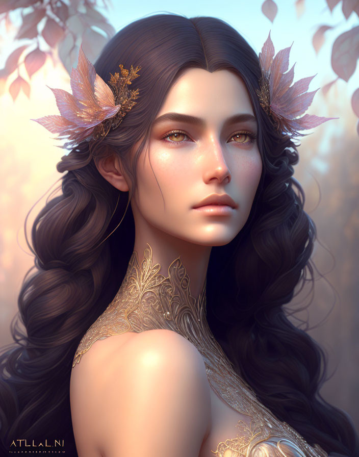 Dark-haired woman with golden leaf accessories and intricate gold tattoos in digital portrait