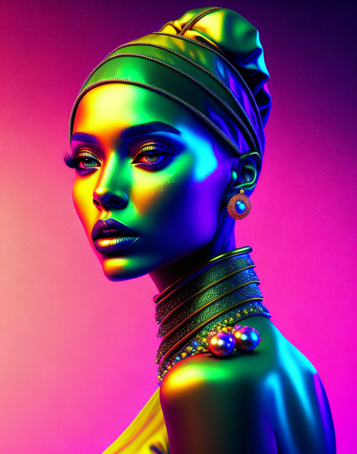 Colorful portrait with neon lighting, purple and pink hues, turban, glossy skin, and prominent