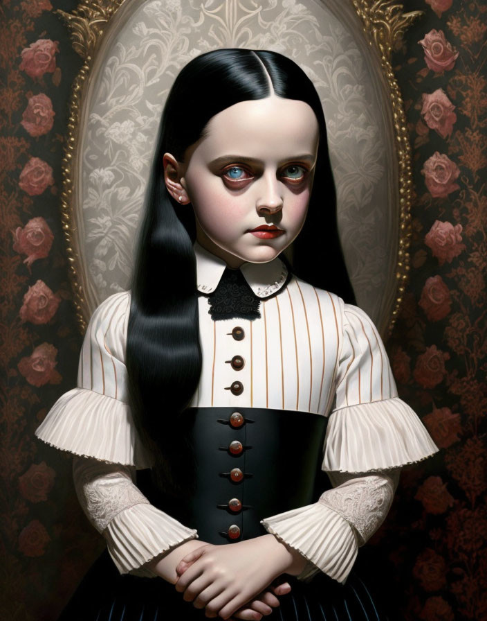 Portrait of solemn girl in Victorian dress against floral wallpaper