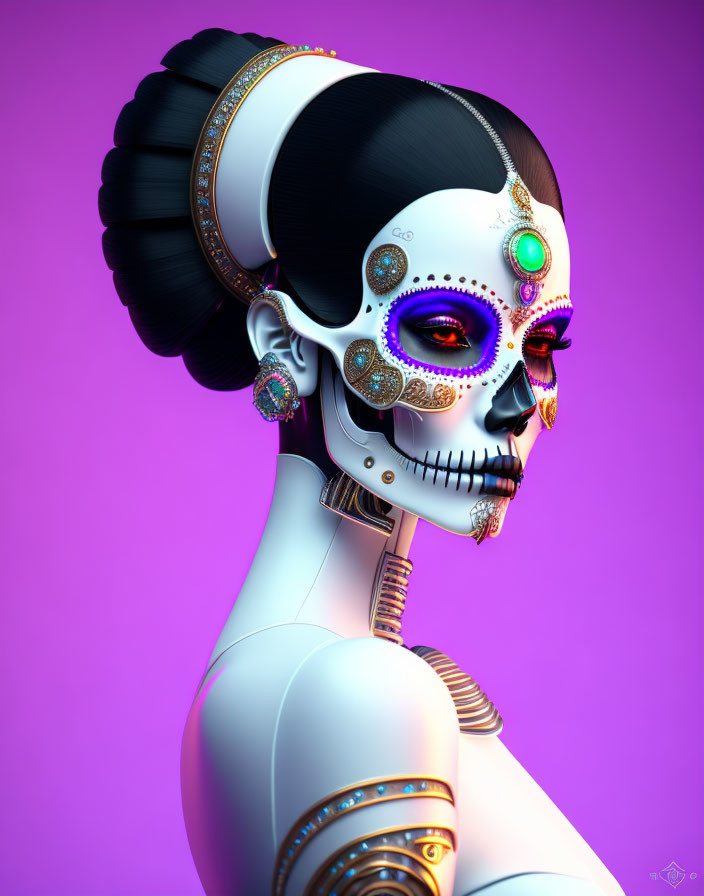 Day of the Dead-inspired robot with skull design on purple background