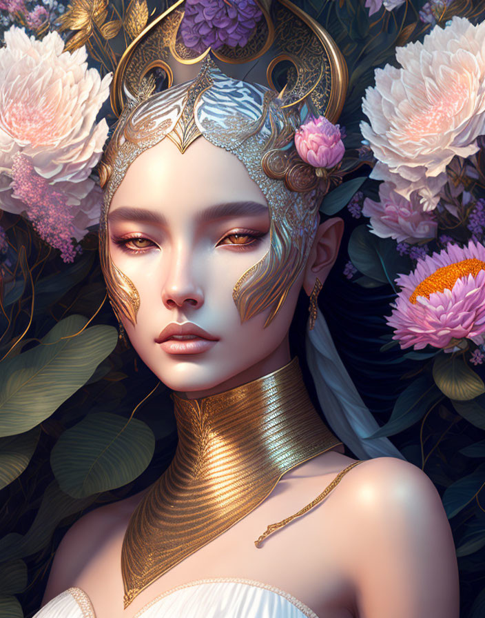 Fantasy-themed digital artwork of a woman with ornate gold headpiece and jewelry amidst lush flowers and