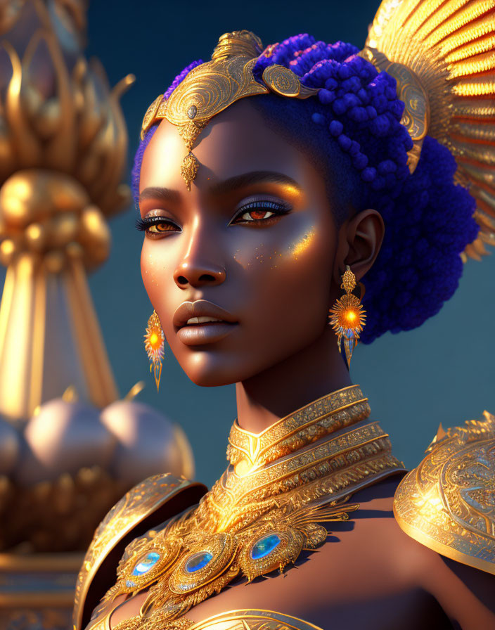 Vibrant 3D-rendered woman with golden jewelry and peacock feather accessories