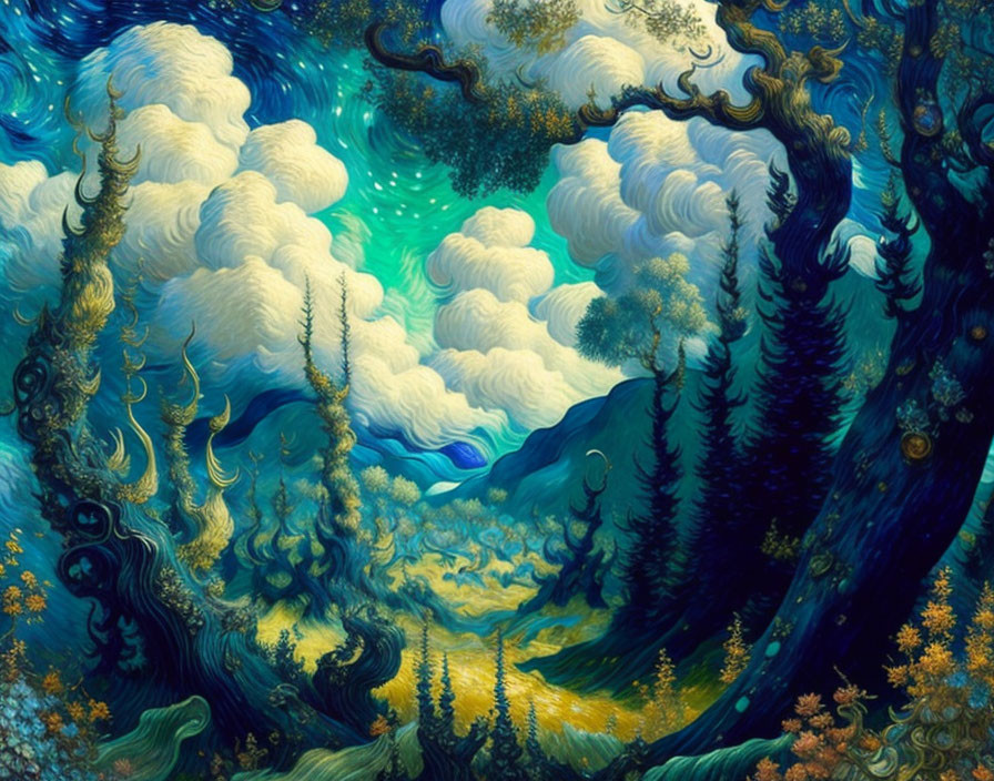 Surreal landscape painting with swirling trees and clouds in blues and greens