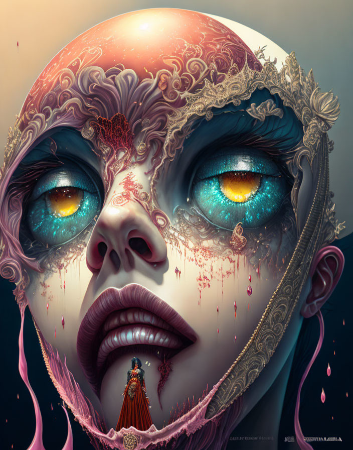 Vibrant surreal illustration of a person with mismatched eyes and ornate mask-like facial features