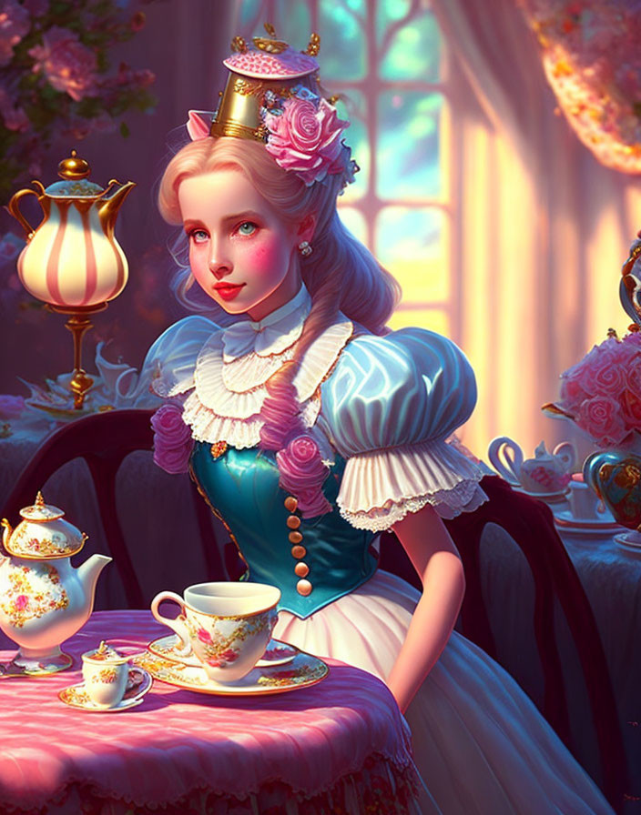 Victorian woman illustration with teacup hat and ornate teapots in golden sunlight
