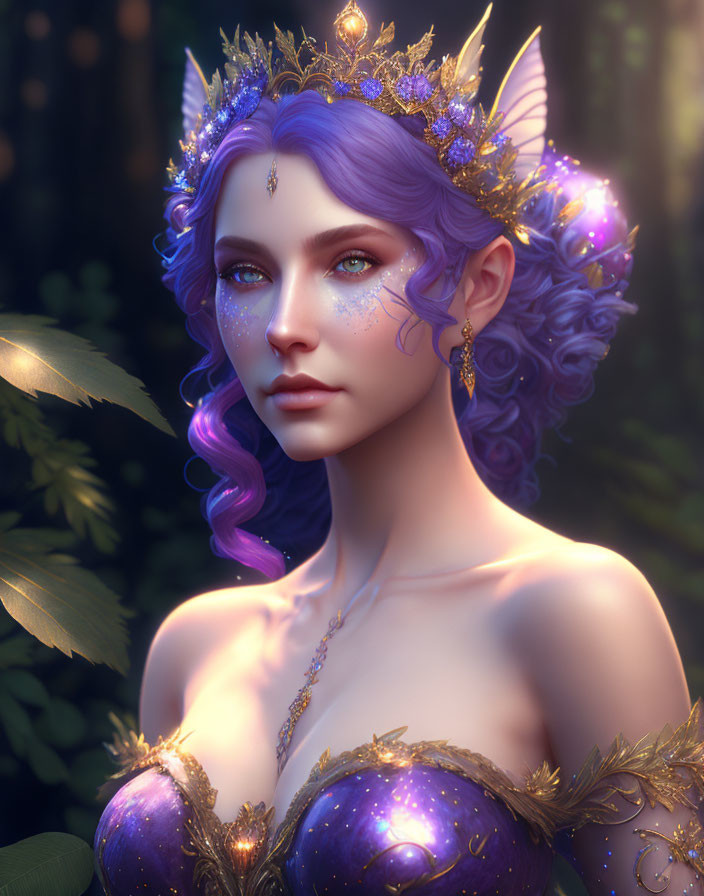 Violet-haired woman with purple skin and golden crown in magical forest