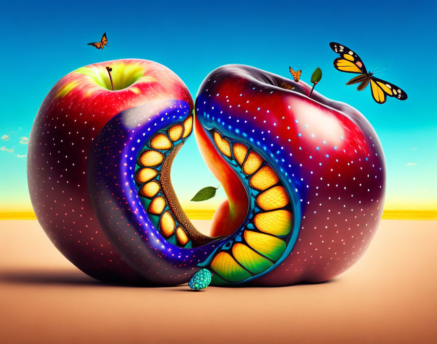Surreal illustration of cosmic apple with stars and butterflies in sunset sky