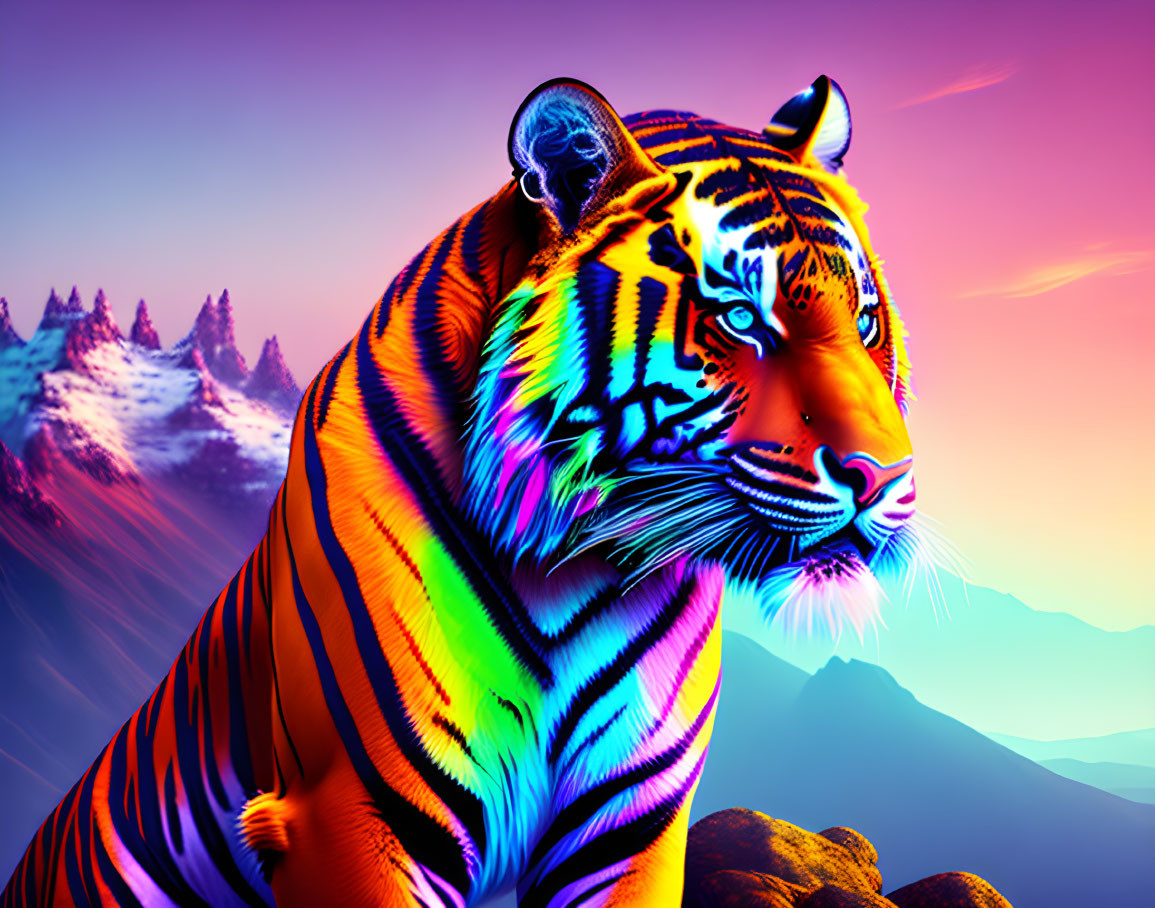 Colorful Neon Tiger Artwork Against Mountainous Backdrop