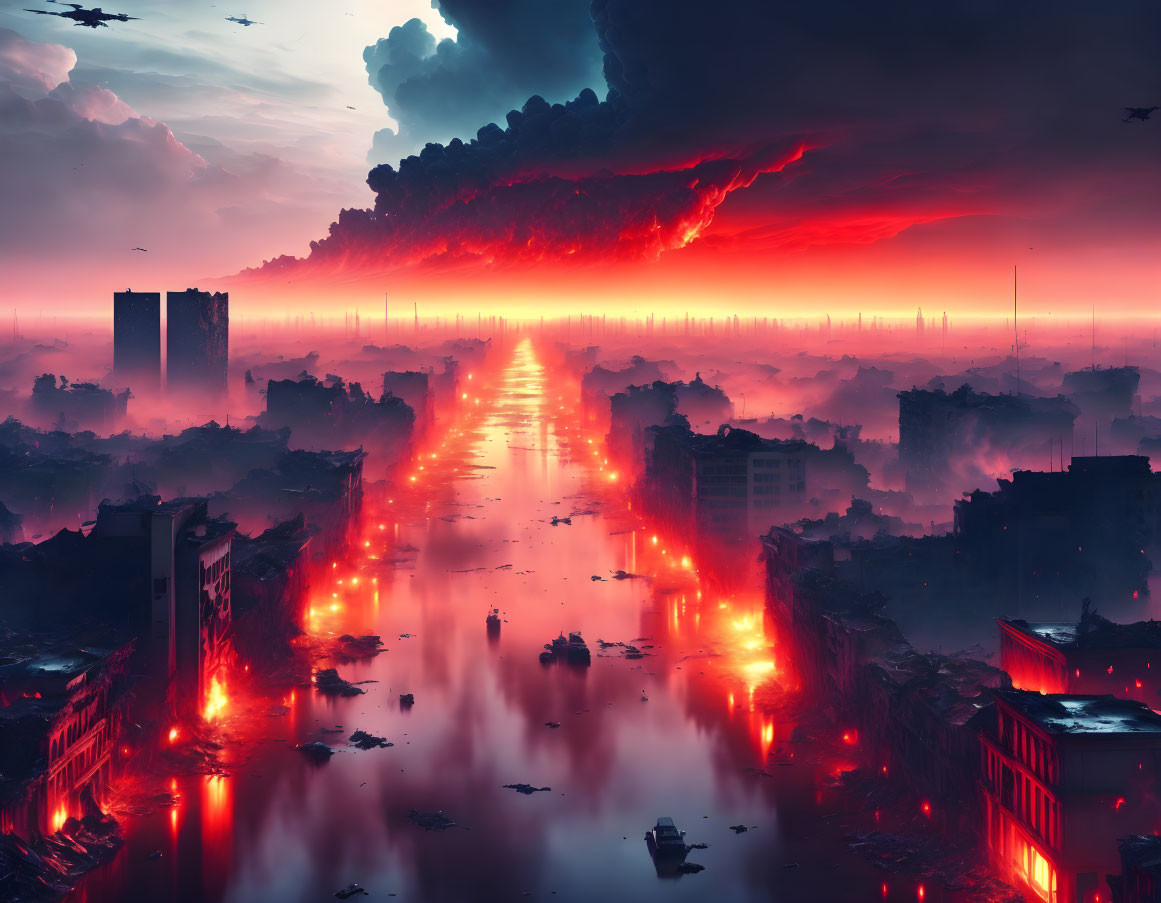 Dystopian cityscape with lava river, ruined buildings, red sky
