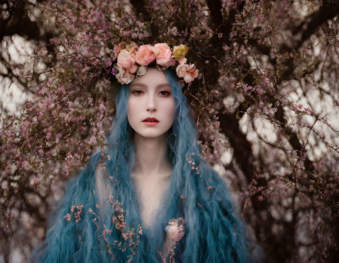 Blue-haired person with floral crown near blossoming tree.
