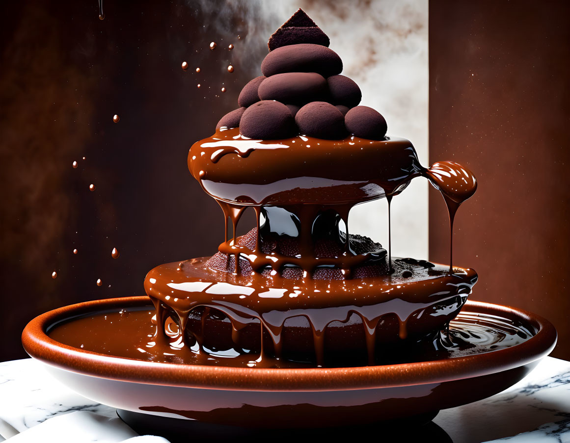 Luxurious Multi-Tier Chocolate Fountain Against Moody Backdrop