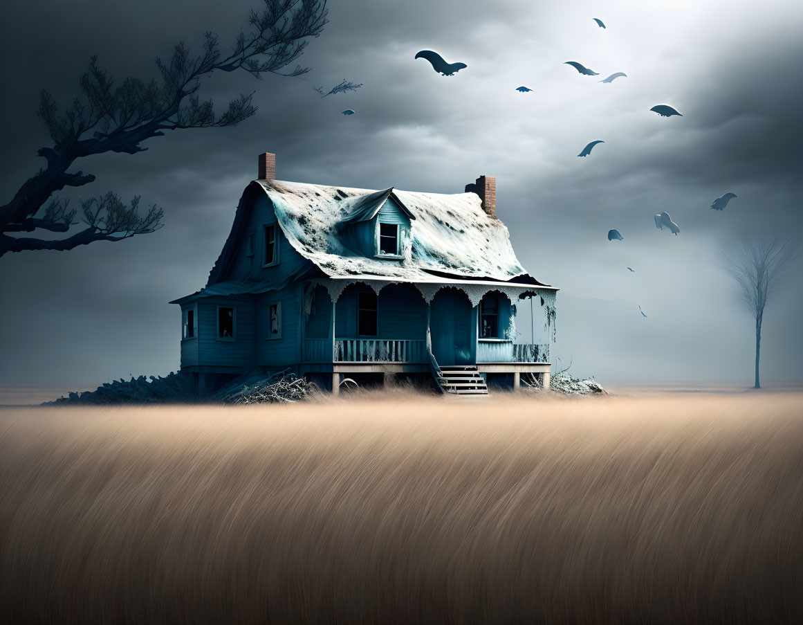 Weathered Blue House in Desolate Field with Stormy Sky