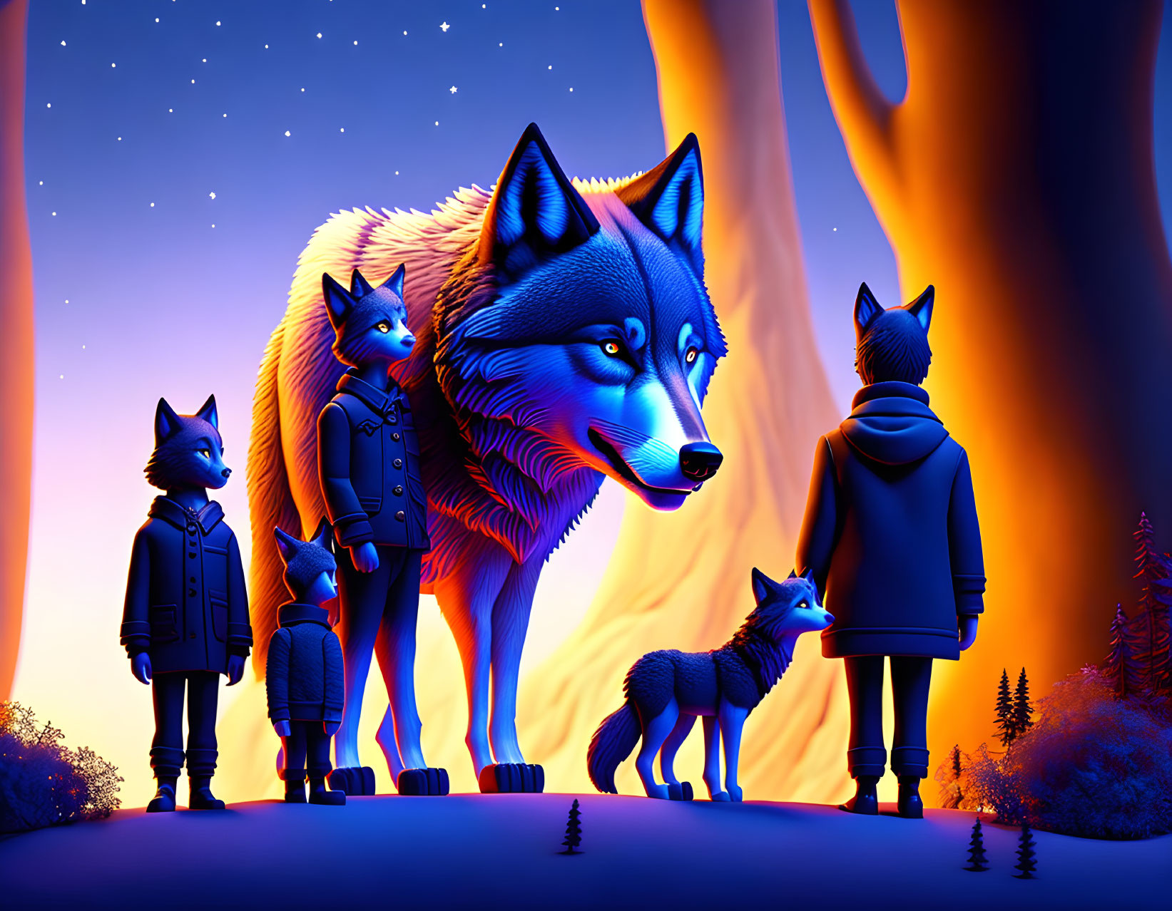Anthropomorphic wolves in mystical forest under starry sky