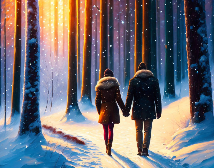 Couple holding hands in snowy forest at sunset