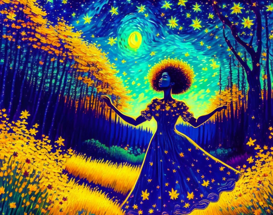 Colorful digital artwork of woman with afro in starry night scene