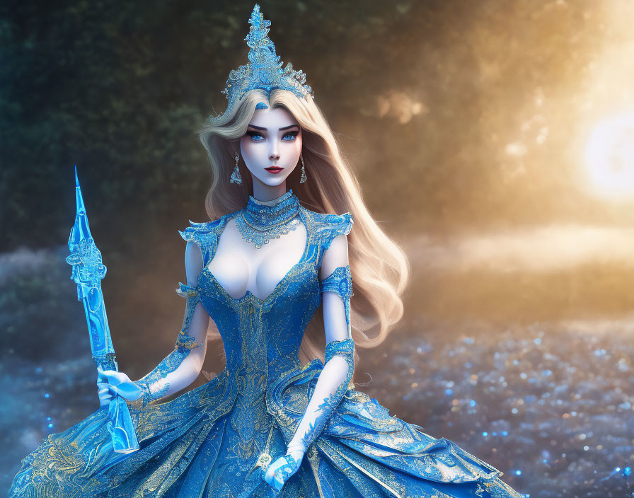Fantasy queen with long flowing hair in ornate blue gown in mystical forest