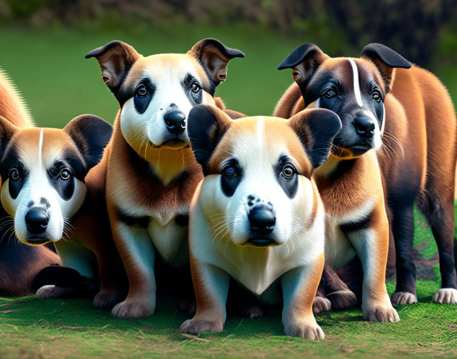 Four adorable puppies with brown and black markings on soft green background
