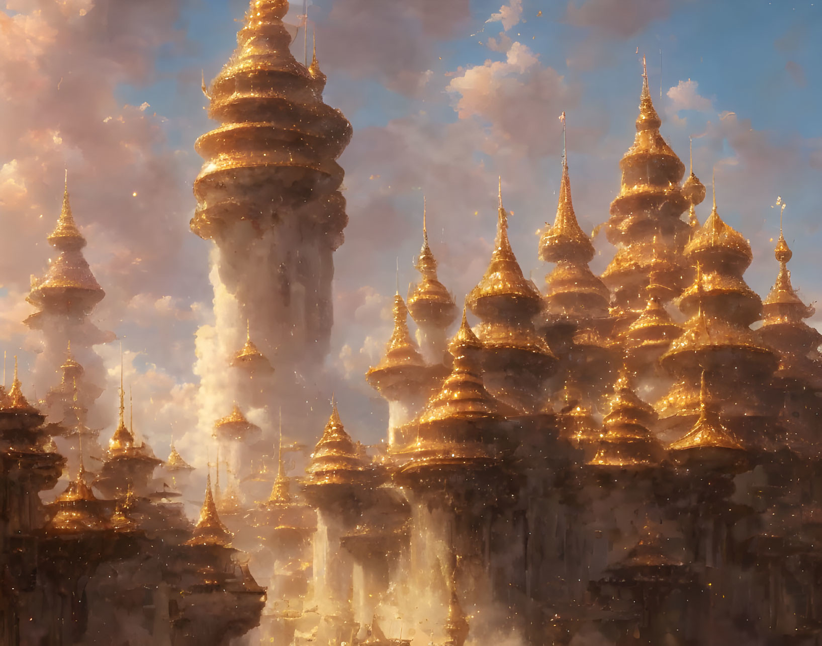 Fantastical city with golden spires under warm, glowing light