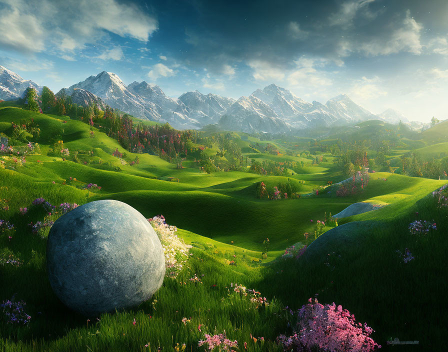Vibrant meadows with colorful flowers and a mysterious sphere amid serene landscape