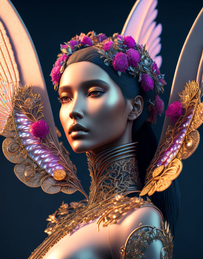 Conceptual 3D art of metallic-skinned woman with floral crown and golden wings on dark background