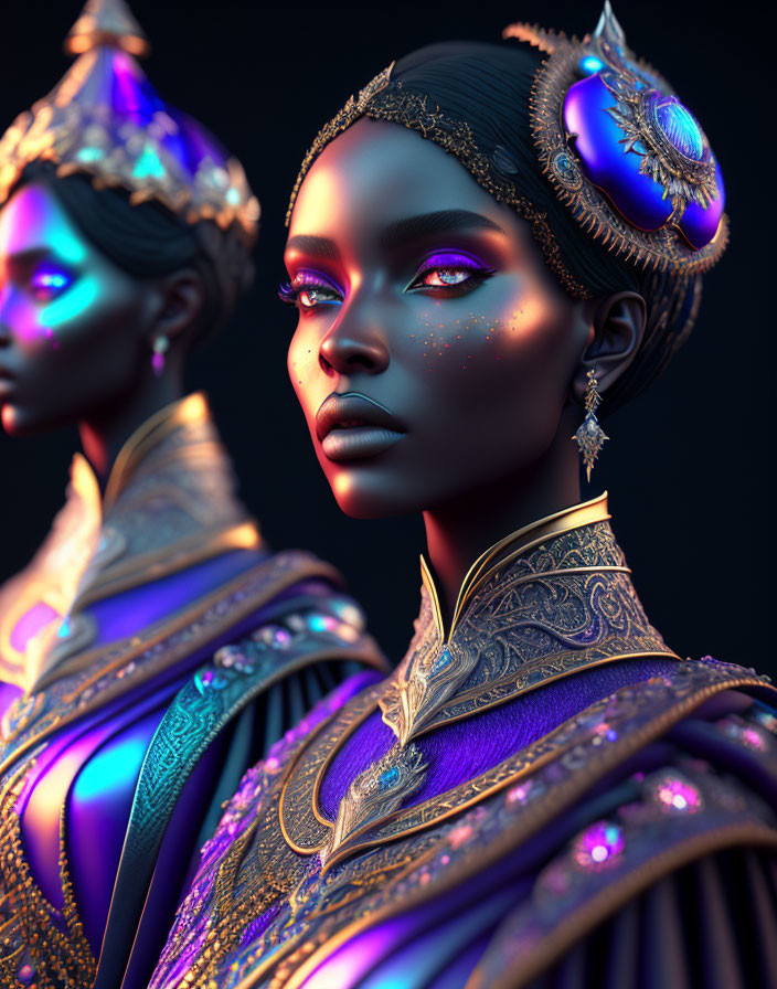 Stylized digital female figures in elegant attire and jewelry on dark background