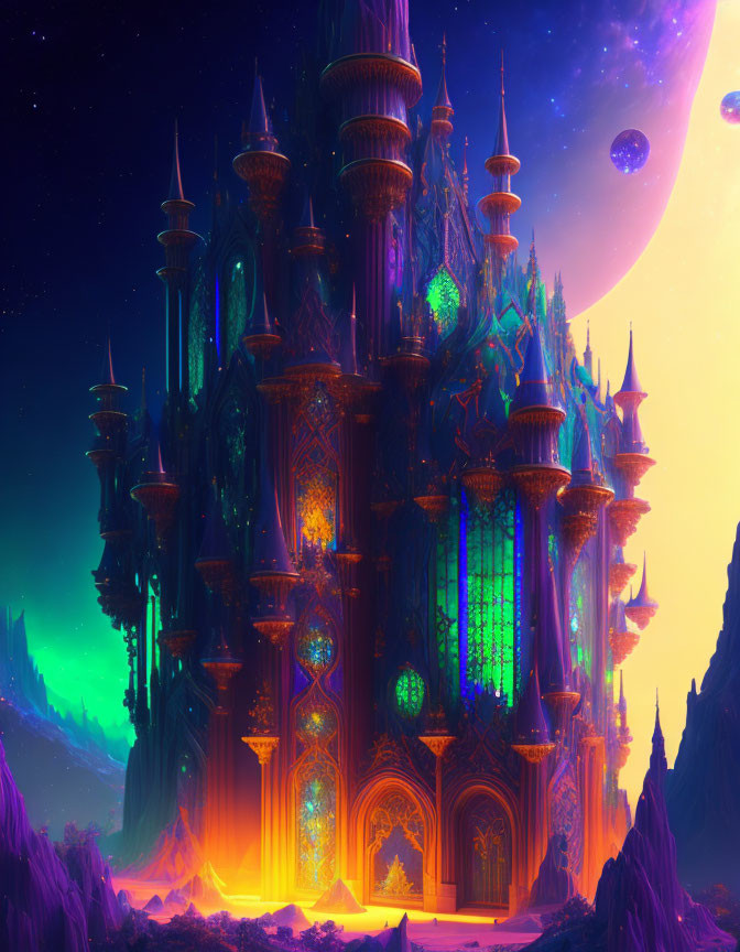 Vividly Colored Castle with Soaring Spires in Magical Landscape