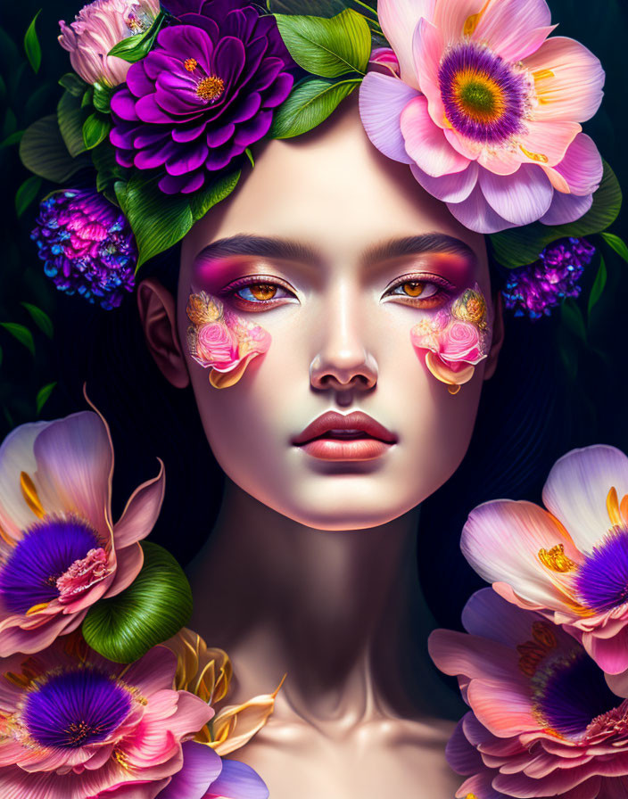 Colorful floral digital artwork of a woman's face on dark background