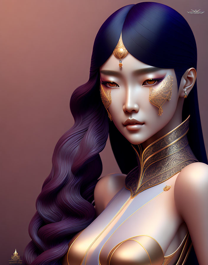 Digital artwork: Woman with purple hair, golden facial ornaments, and regal attire