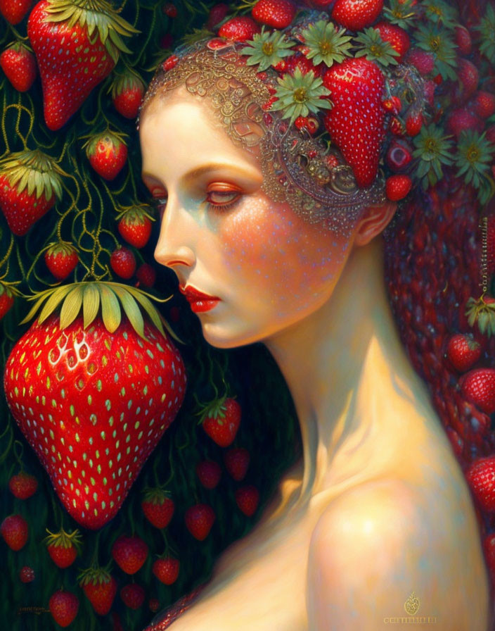 Woman with Strawberry Headdress Surrounded by Ripe Fruit