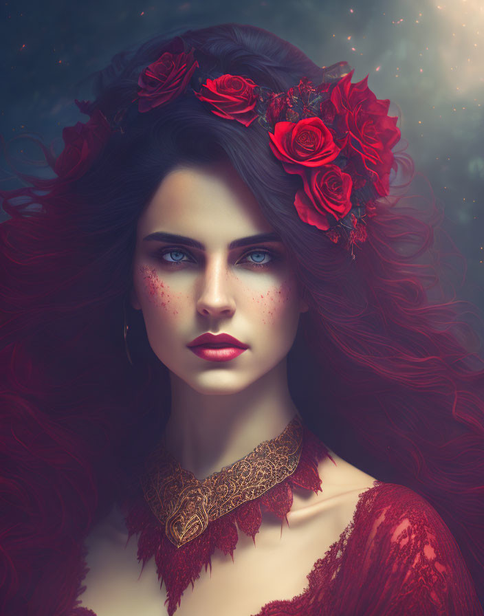 Illustration of woman with blue eyes, red hair, roses, lace dress, choker, star