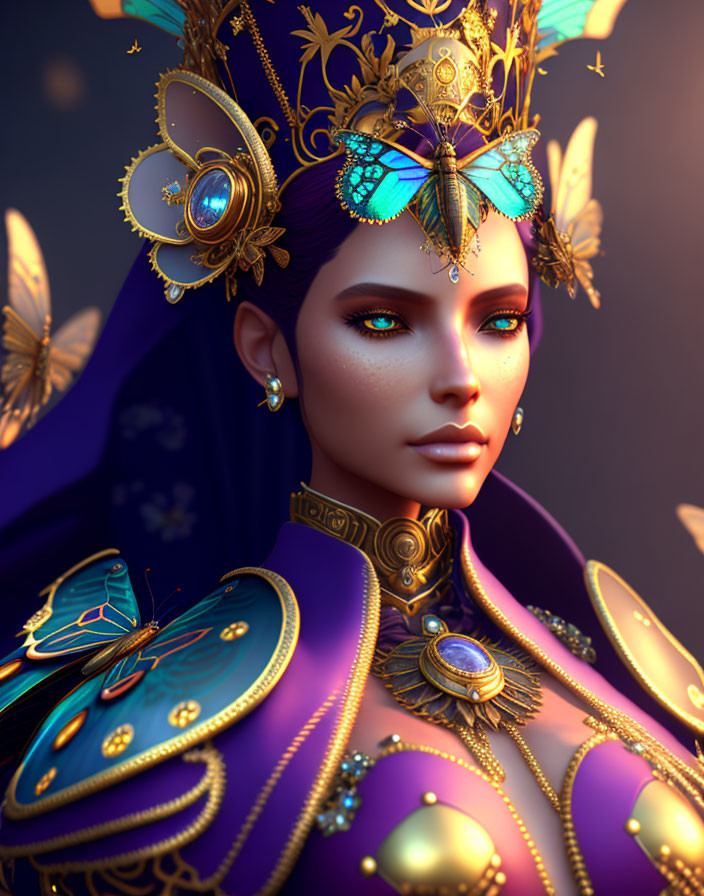 3D illustration of woman with butterfly motifs and golden jewelry