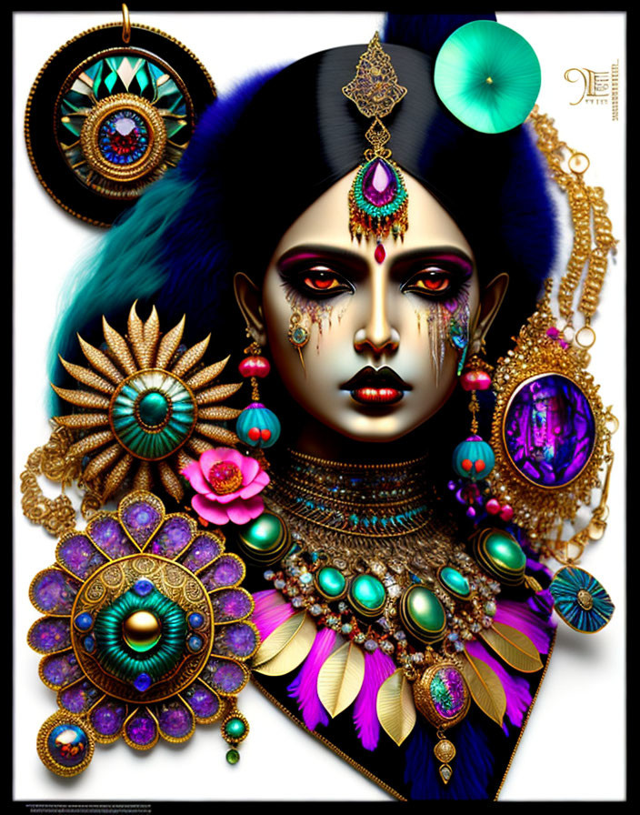 Digital artwork: Woman with elaborate makeup and peacock feather jewelry on black background