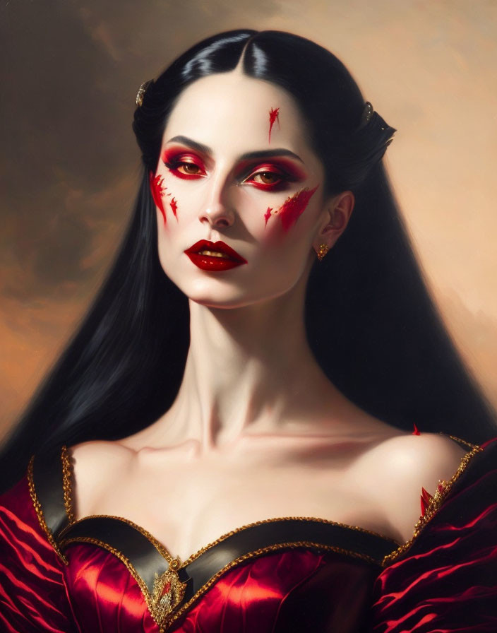 Portrait of woman with pale skin, dark updo, red makeup, and gothic red dress.
