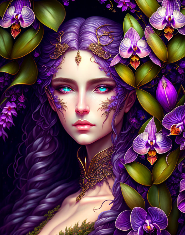 Illustration of woman with purple hair, blue eyes, gold jewelry, and vibrant orchids in floral