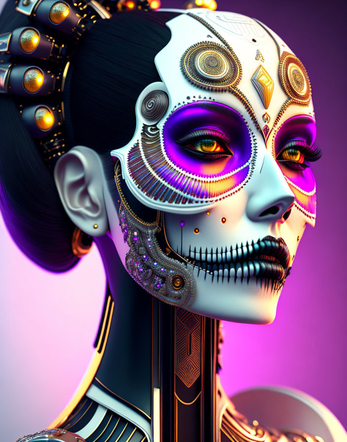 Digital art: Female robotic figure with intricate face details and purple eyes on mechanical neck, set against purple