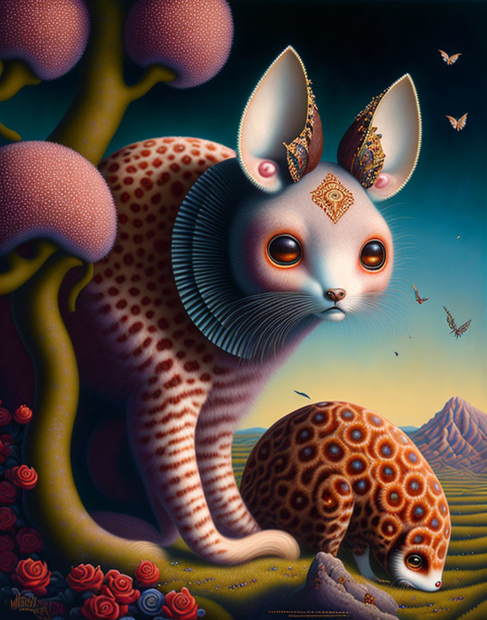 Surreal Artwork: Large Patterned Rabbit with Intricate Ears in Vibrant Landscape