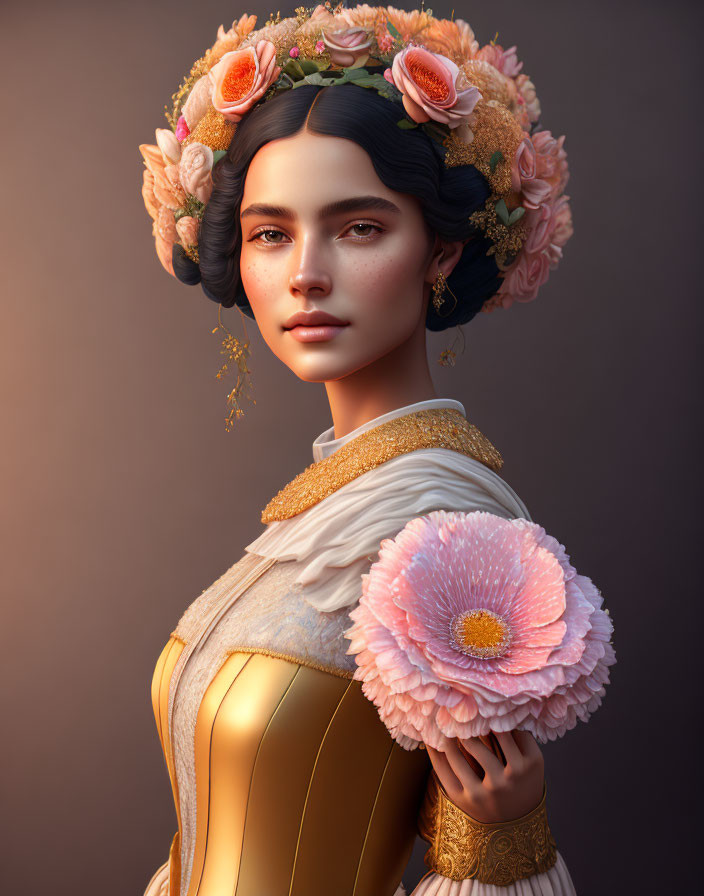 3D-rendered image of woman with floral wreath, pink flower, gold and white dress