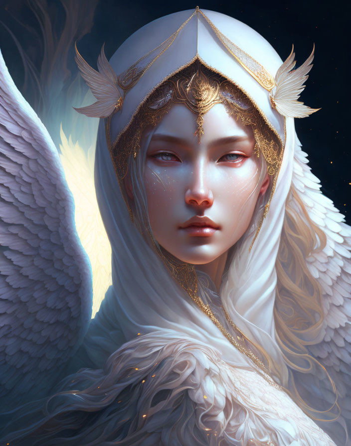 Ethereal figure with angelic wings and golden headpiece in serene gaze