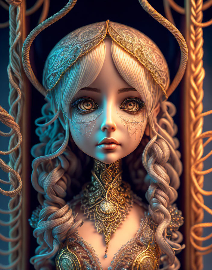Detailed 3D Doll-Like Figure Portrait with Large Eyes and Ornate Headpiece