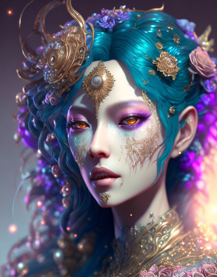 Fantasy character with blue hair and gold ornaments on purple background