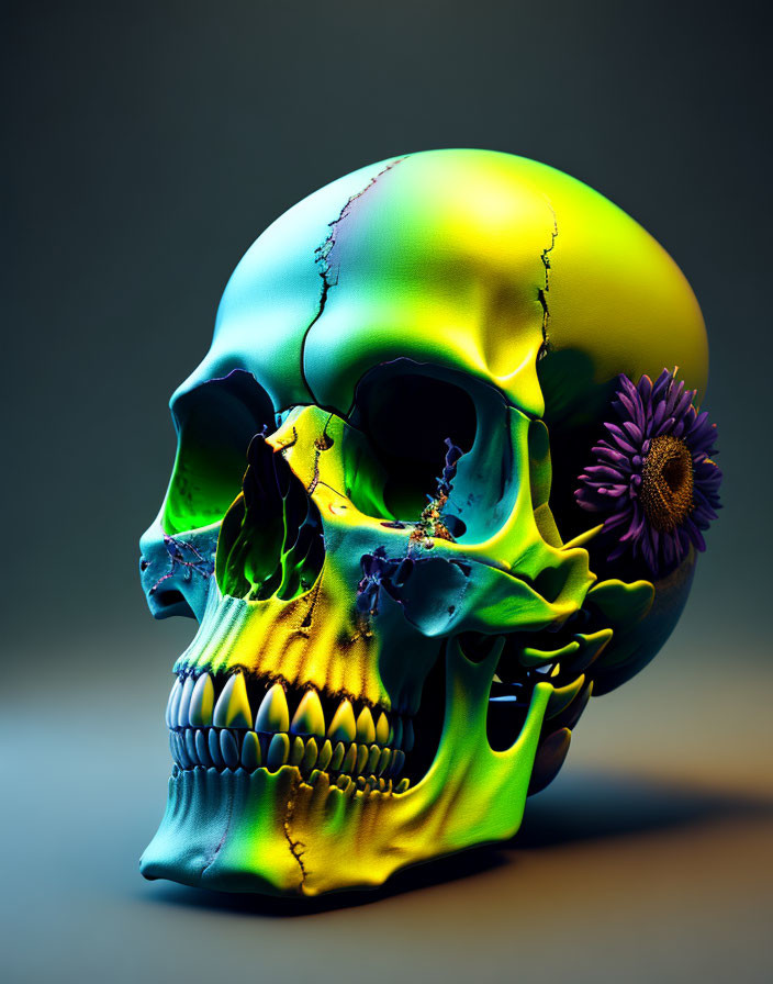 Multicolored skull with yellow to blue gradient and purple flower eye socket