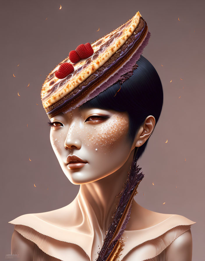 Surreal digital artwork: elegant woman with pastry hat and berries on taupe background
