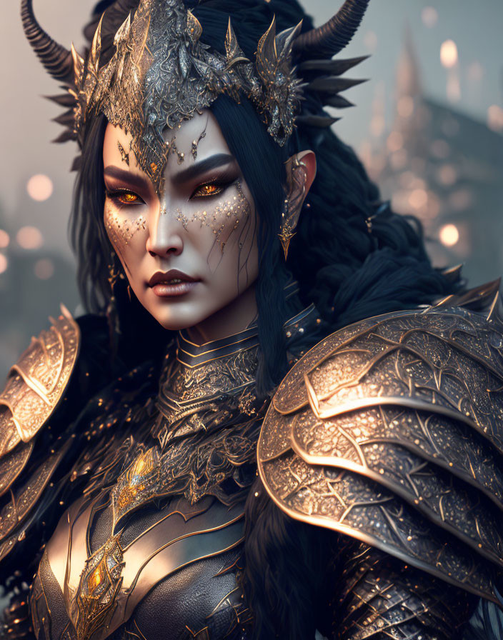 Fantasy digital artwork: Female character with horns and ornate metallic armor