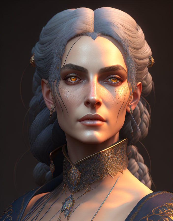Digital portrait of woman with pale skin, golden eyes, gold jewelry, white braided hair
