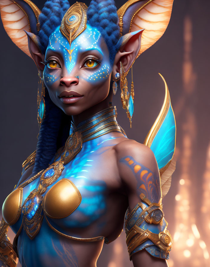 Blue-skinned fantasy character in golden armor with horns, pointed ears, and intricate facial markings on fiery