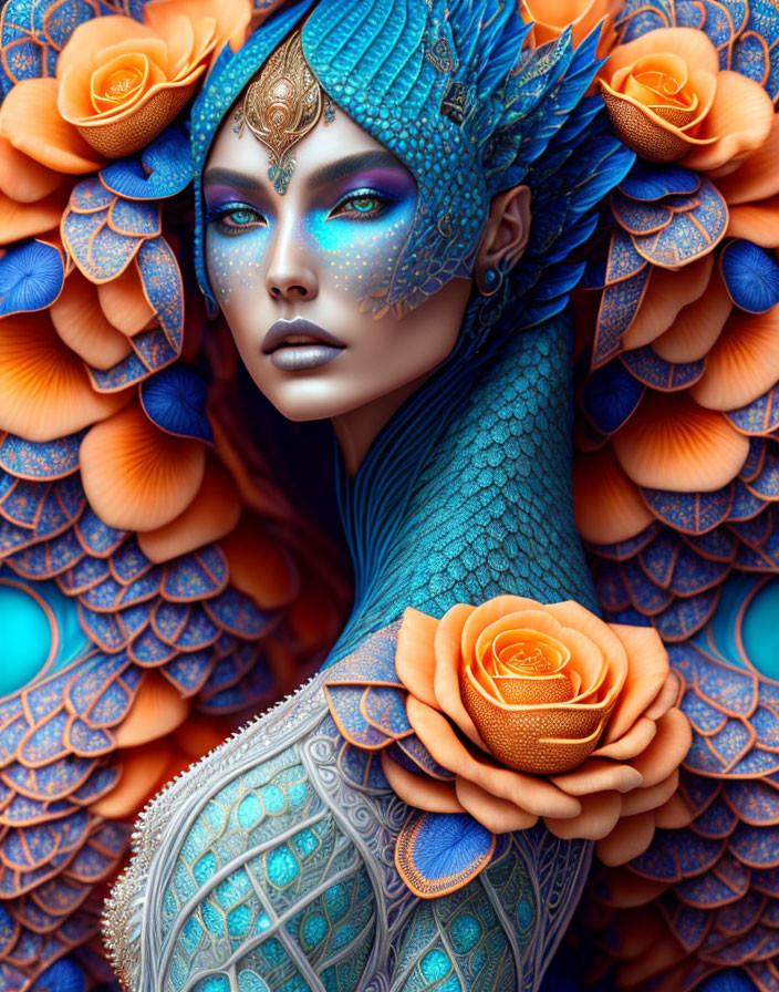 Colorful artwork: Woman with blue dragon scales, orange roses, and ornate headdress