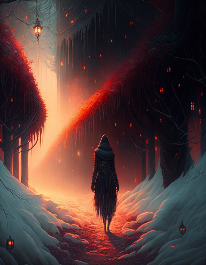 Cloaked figure walking in snowy forest with lanterns and falling red leaves