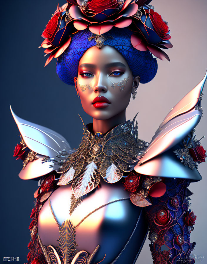 Digital artwork of a striking woman with blue skin and elaborate floral headpiece.