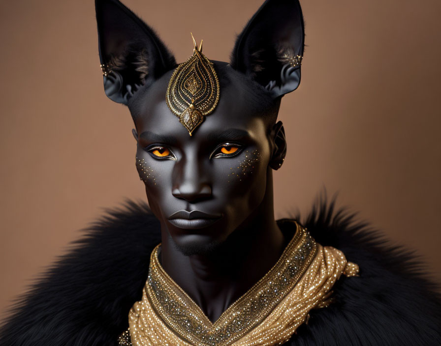 Cat-like person with orange eyes and black fur, wearing gold jewelry on brown background